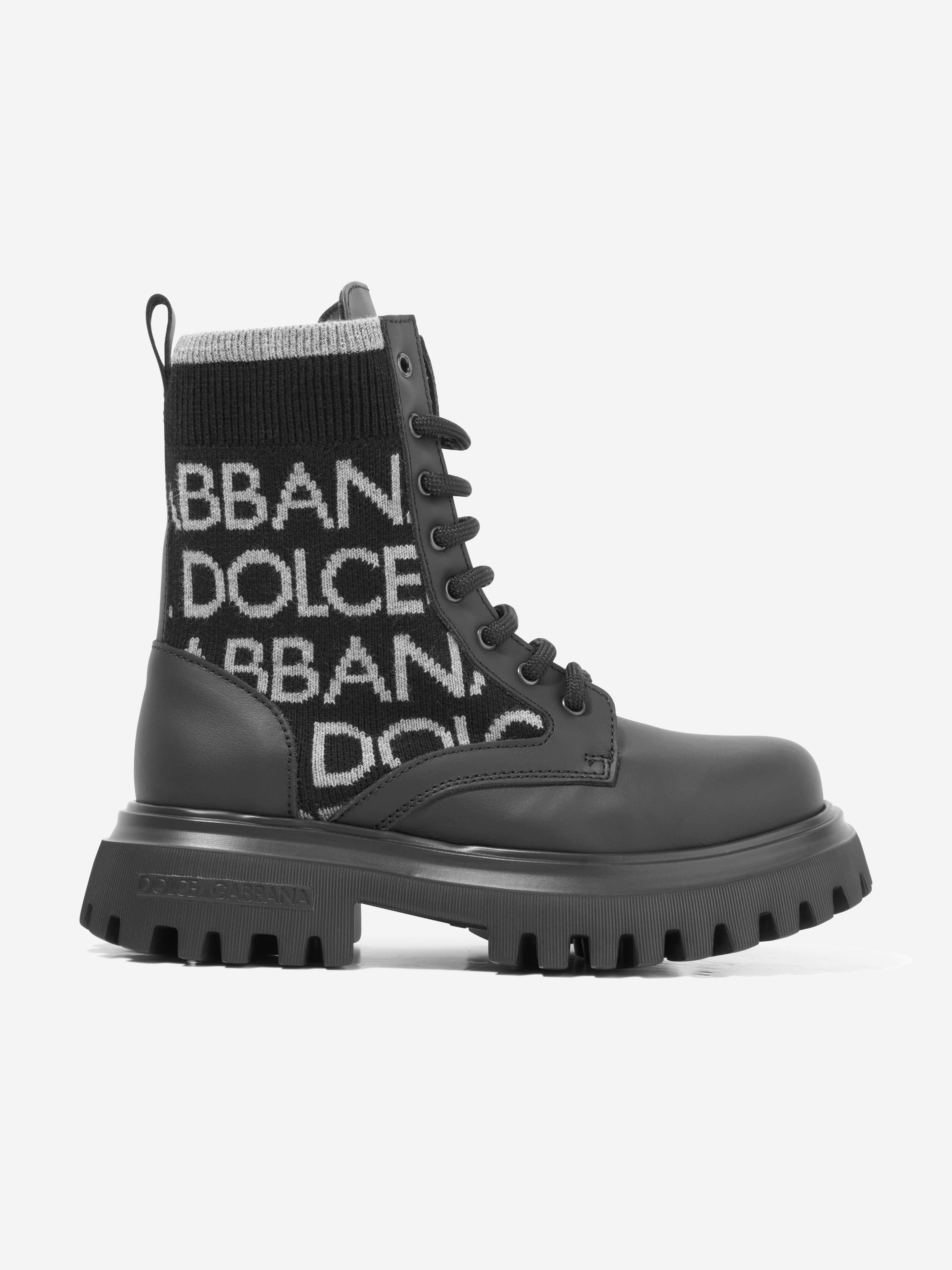 Dolce & Gabbana Kids Boys Leather Logo Combat Boots in Black