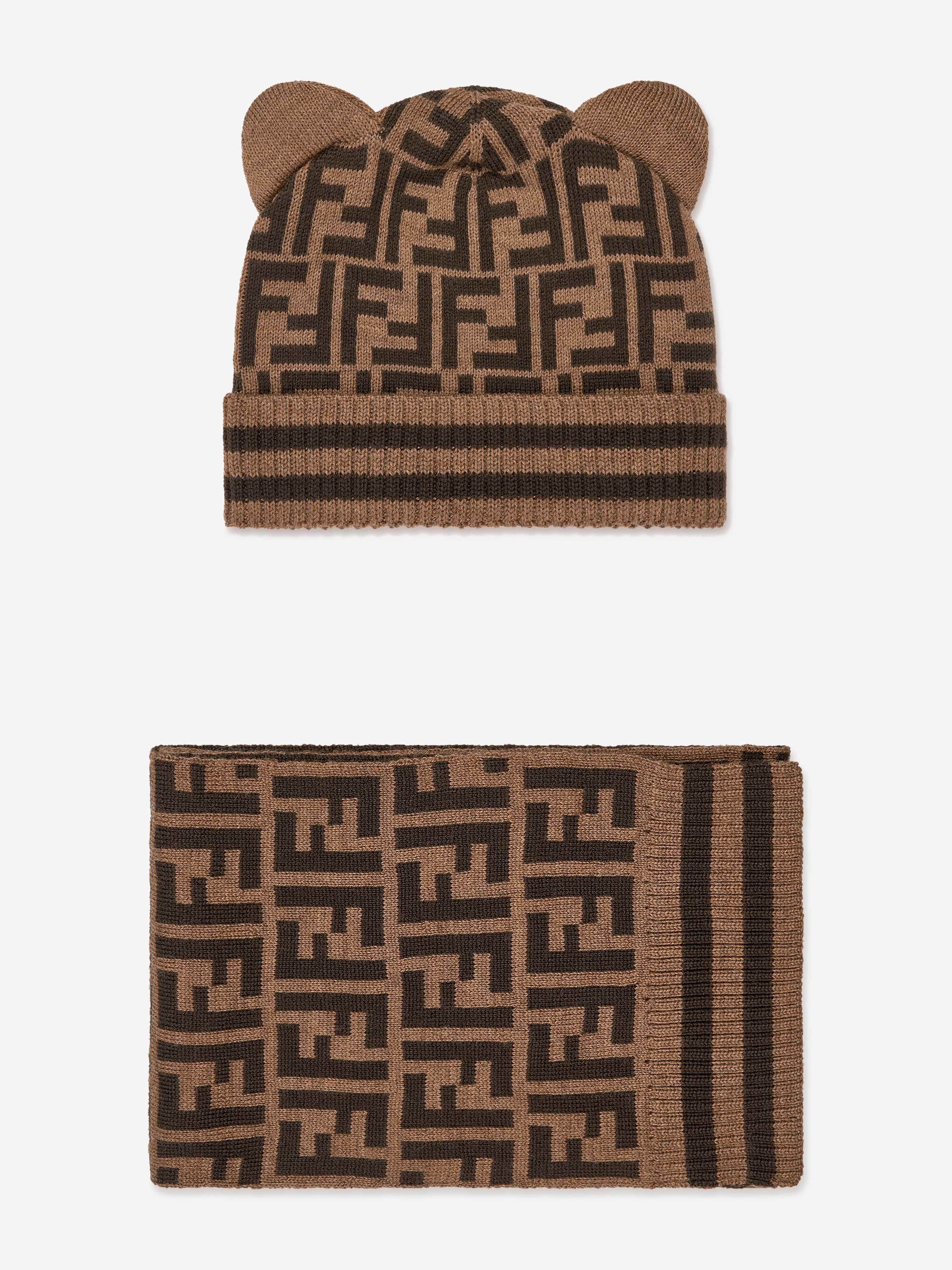 Fendi Kids Baby Logo Hat and Scarf Set in Brown | Childsplay Clothing