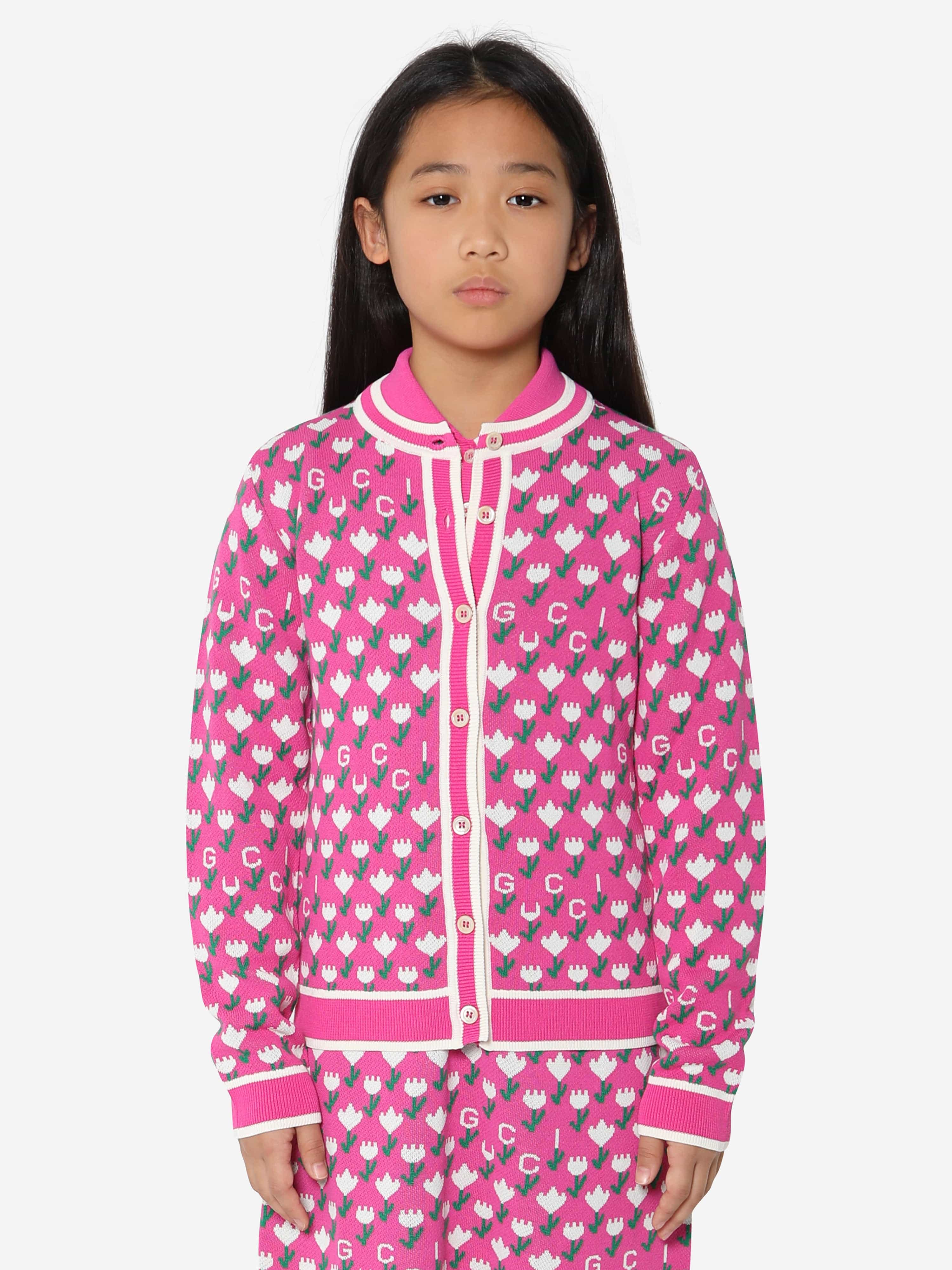 Gucci Girls Jacquard Logo Knitted Cardigan in Pink Childsplay Clothing