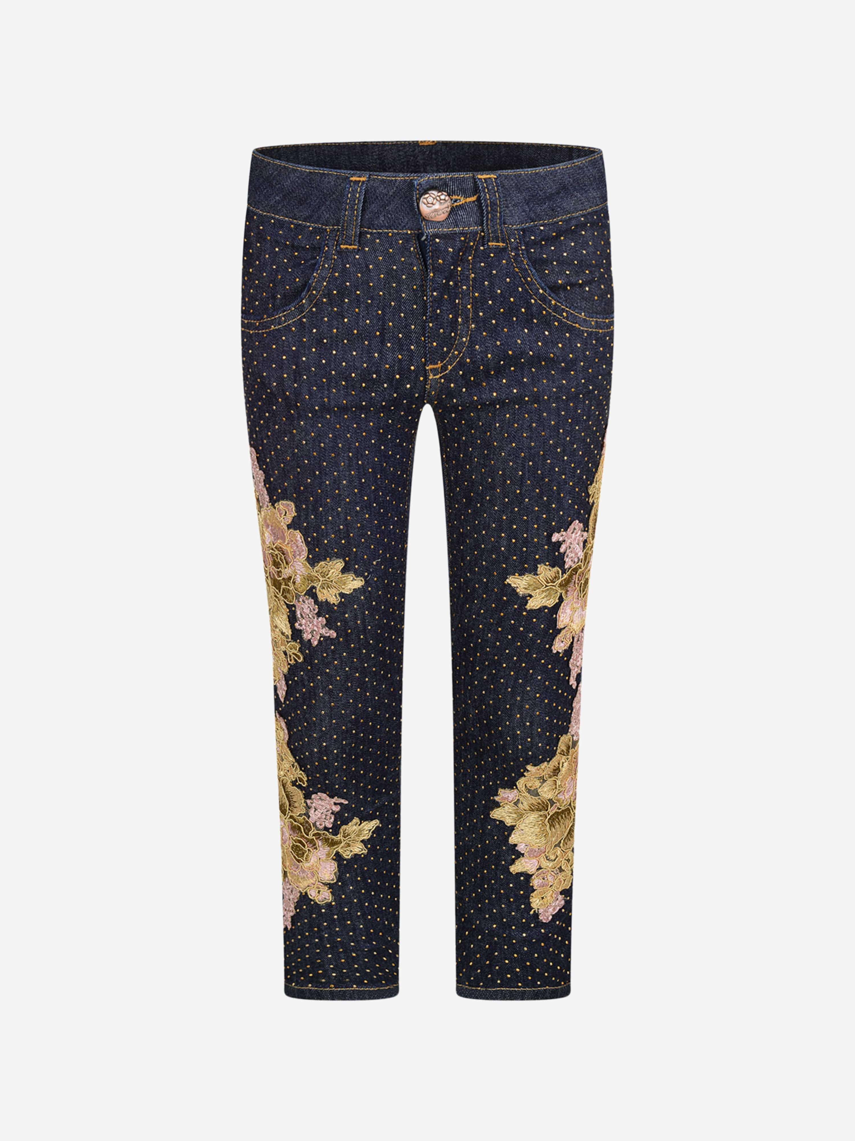 Embroidered Denim Pants for Woman in Denim/gold