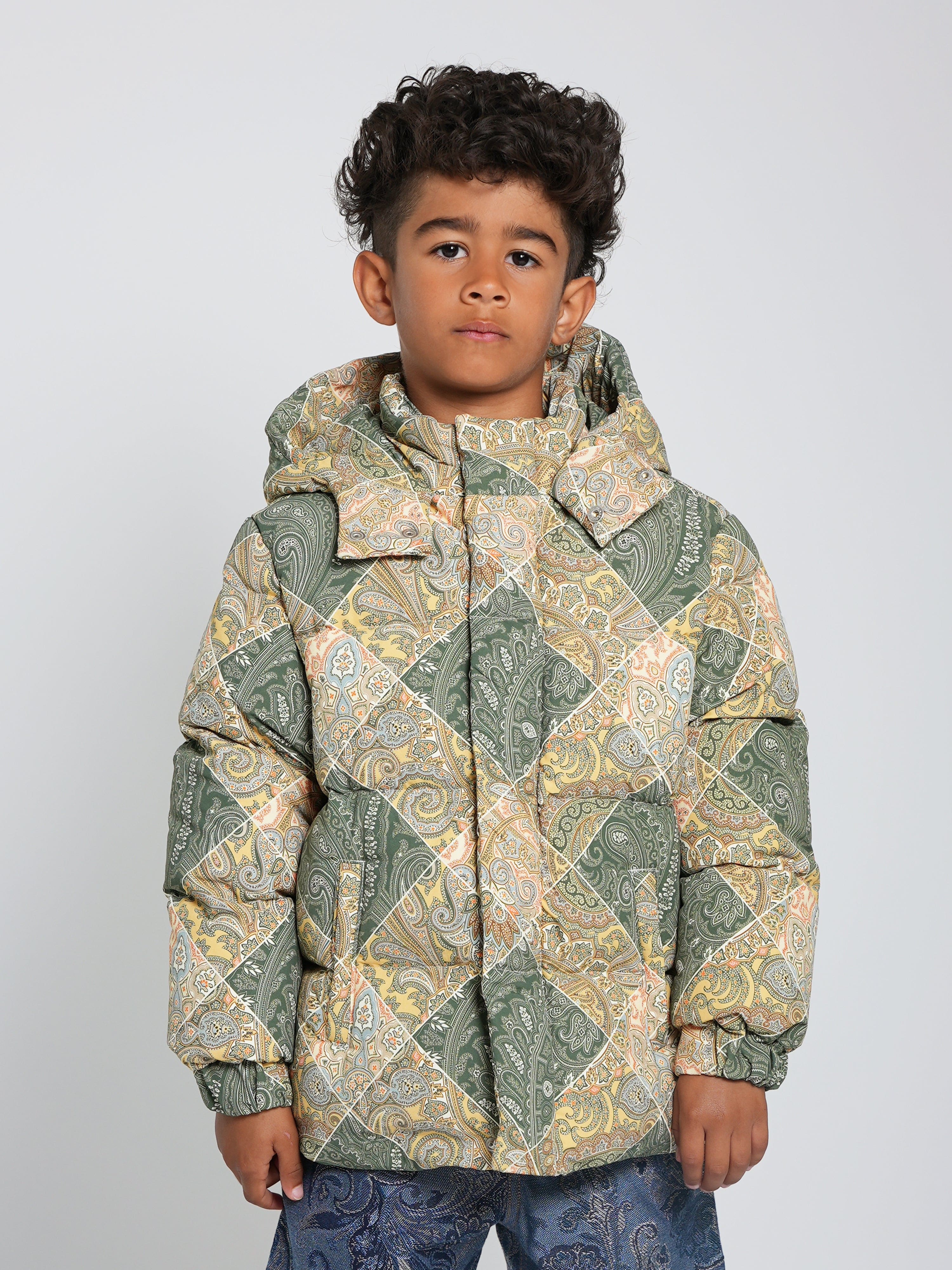 Etro Boys Paisley Puffer Jacket in Green