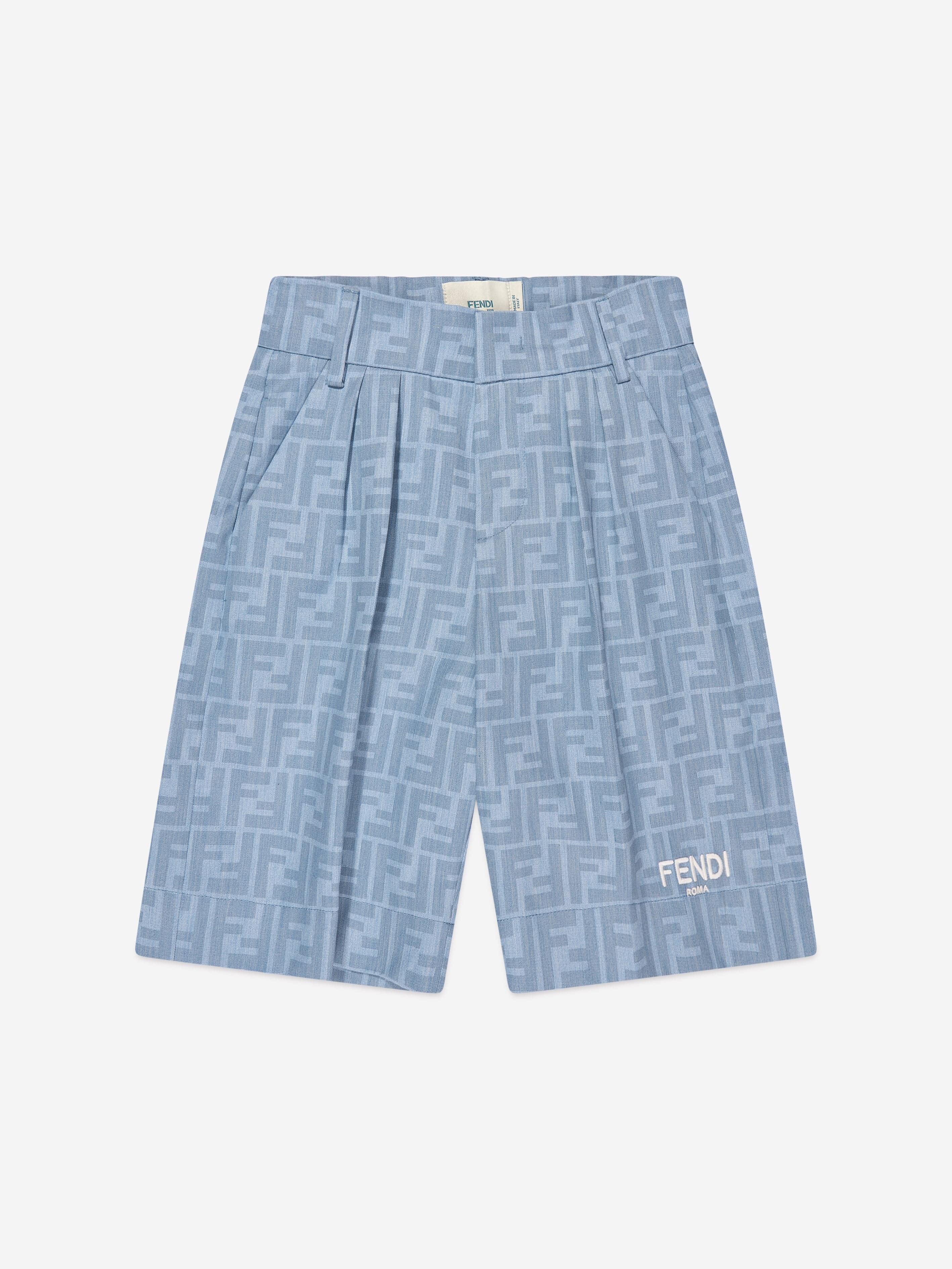 Fendi Boys Chambray FF Logo Shorts in Blue