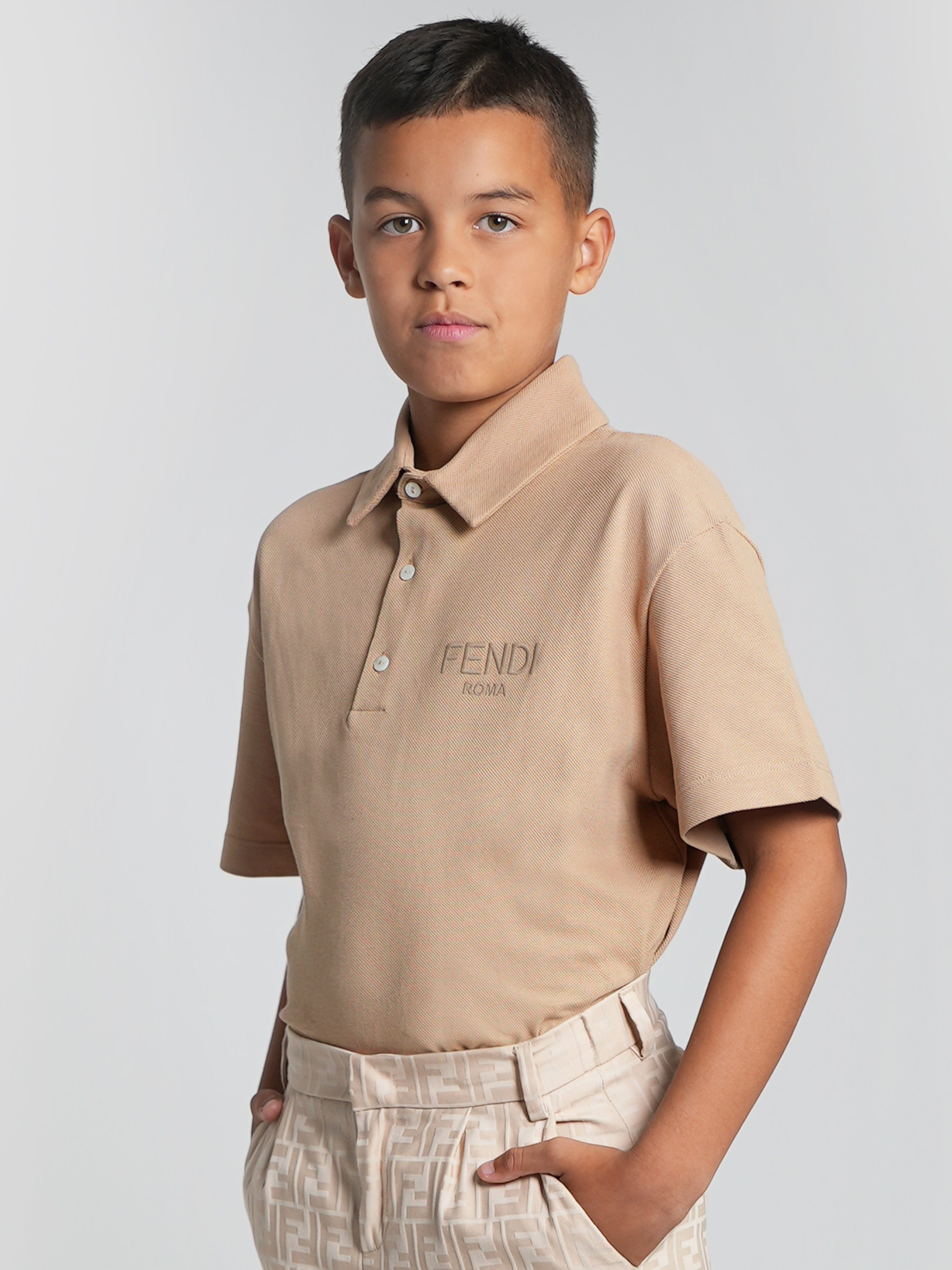 Fendi Boys Logo Polo Shirt in Beige