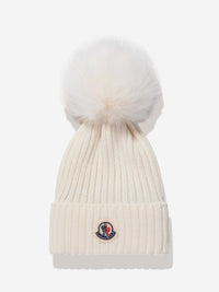 Moncler Enfant Girls Logo Pom Pom Hat in Ivory