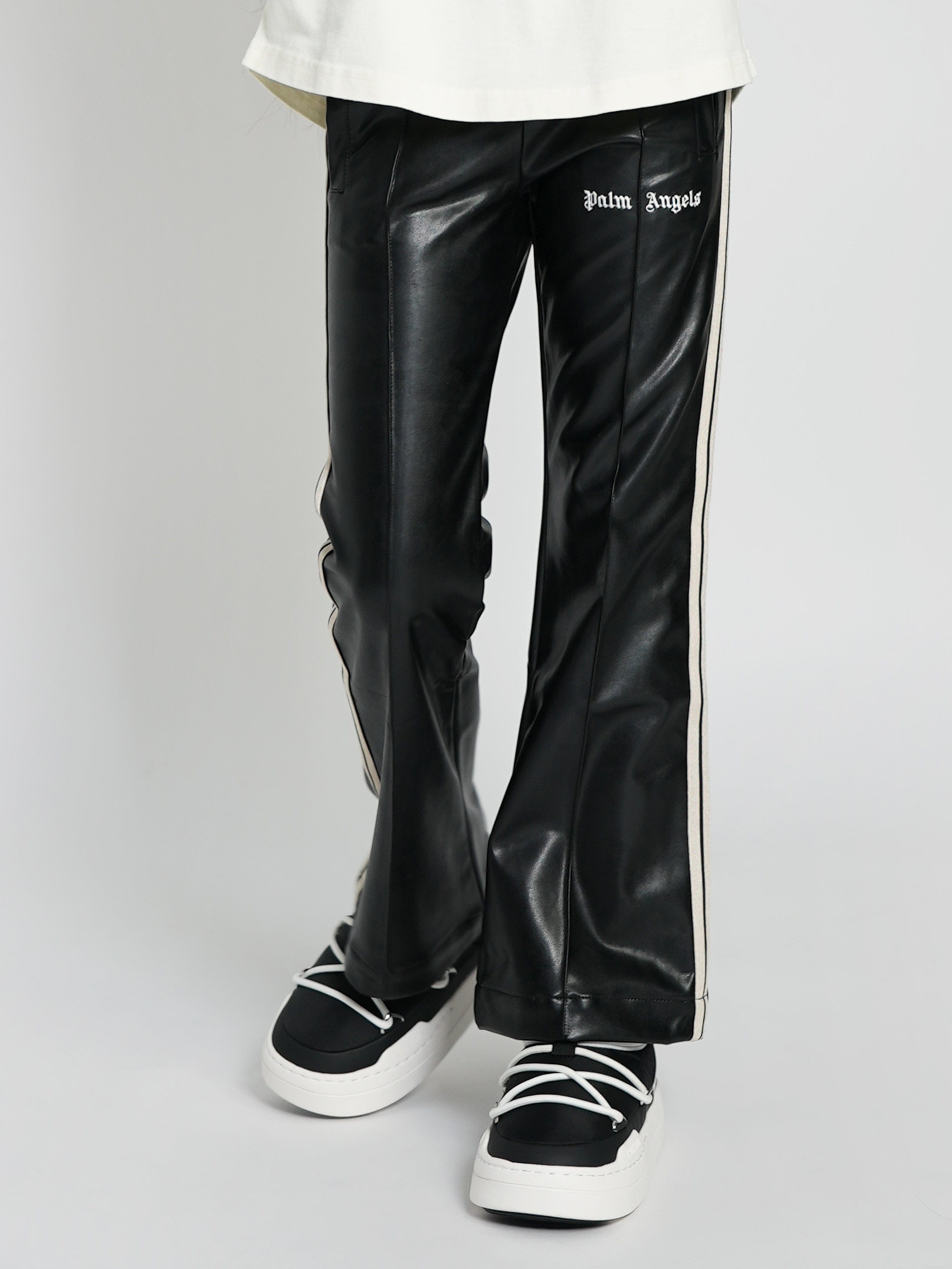 Girls Coated Track Flare Pants in Black