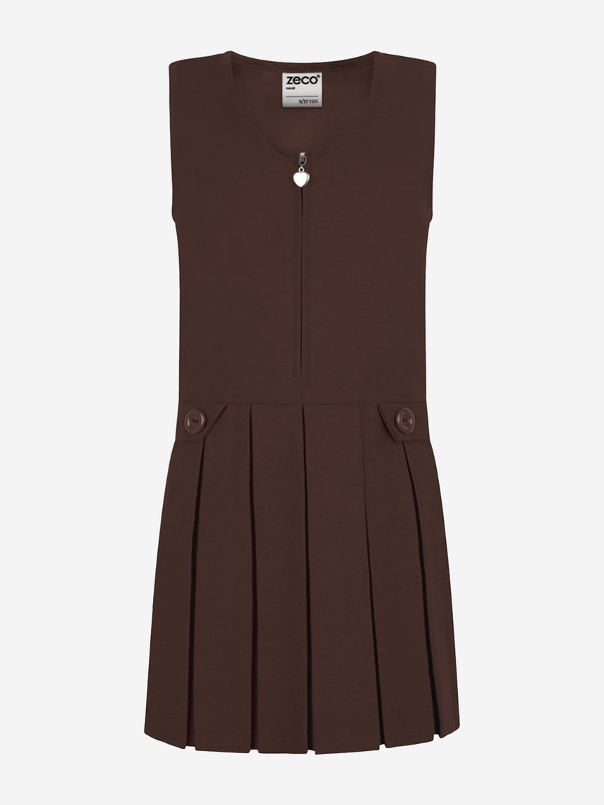 Girls School Zip Front Pinafore Dress in Brown | Childsplay Clothing